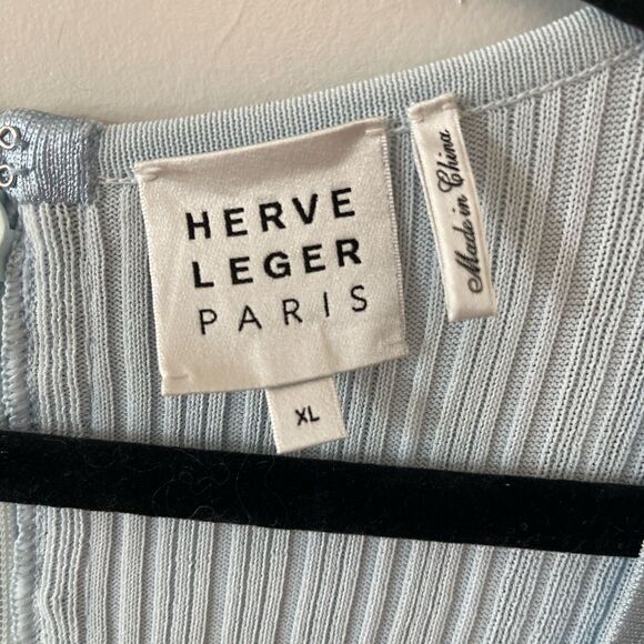 Herve Leger Metallic Ribbed Knit Long Sleeve Top XL – Silver Blue - Picture 6 of 6